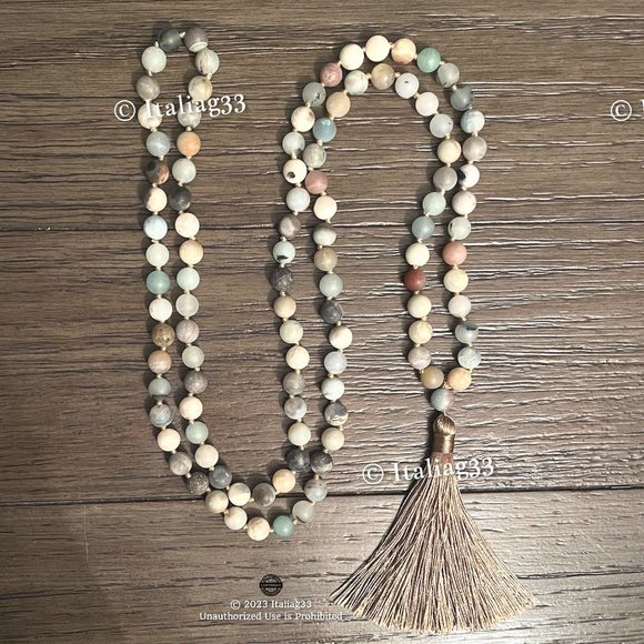 Mala Amazonite Beads Necklace Natural Matte Gemstone Silk Tassel Meditation New - Picture 7 of 15